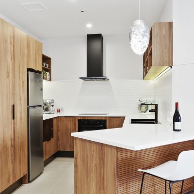 Apartment kitchen great renovation example image with feature light and breakfast bar